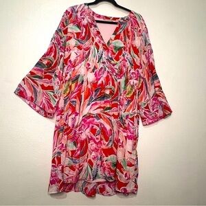 Sunny Leigh colorful v-neck dress, full sleeves. Fully lined. Sz L. Preowned.